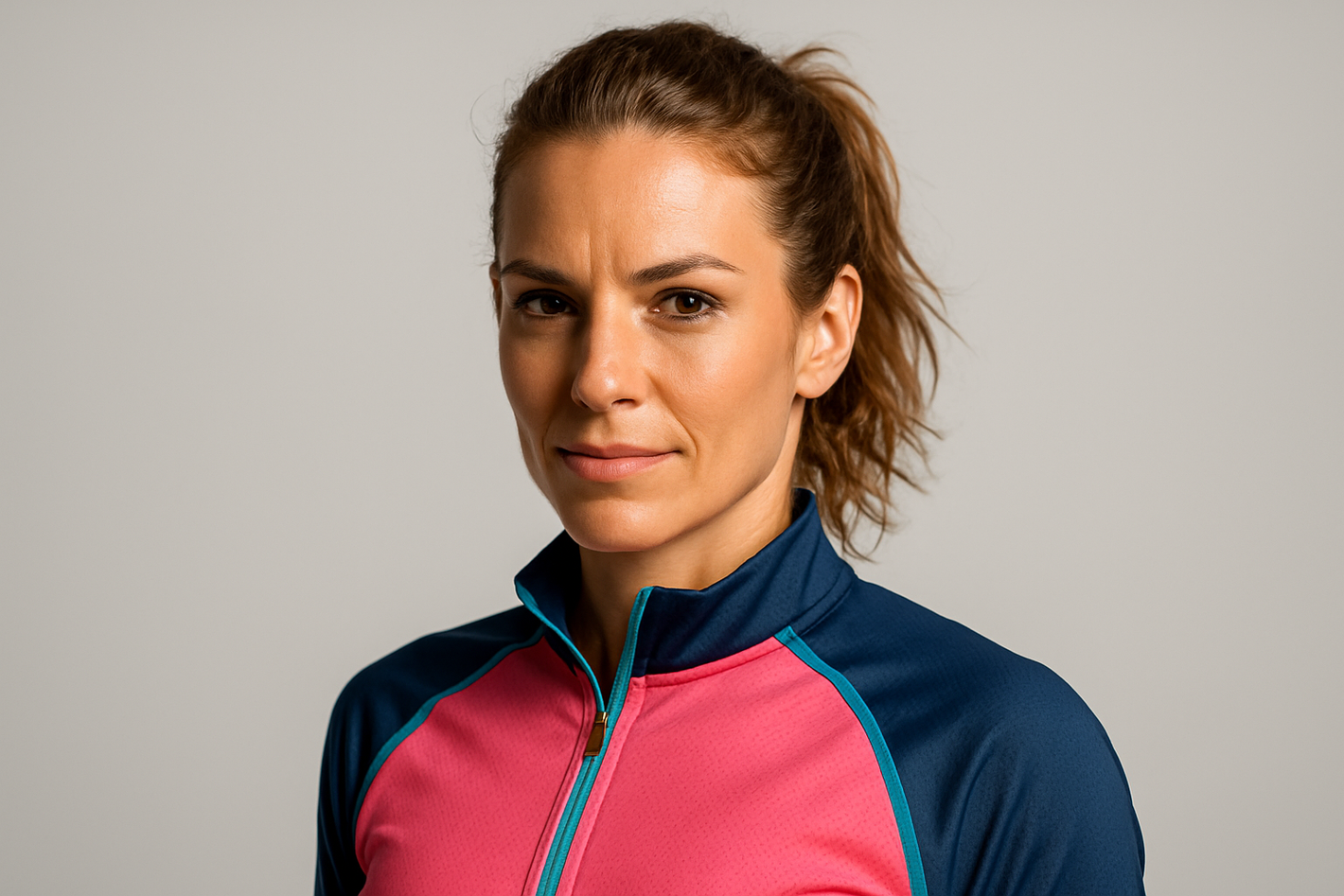 A headshot of a woman in sports gear